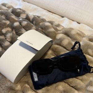 Prada Black Sunglasses with White Case and Navy Pouch